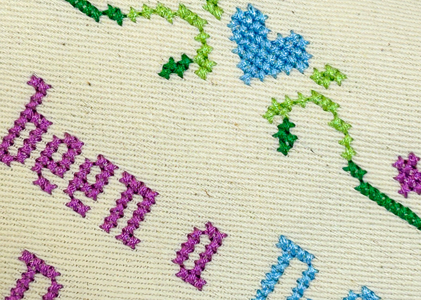 Close-up of embroidered text and floral patterns on fabric