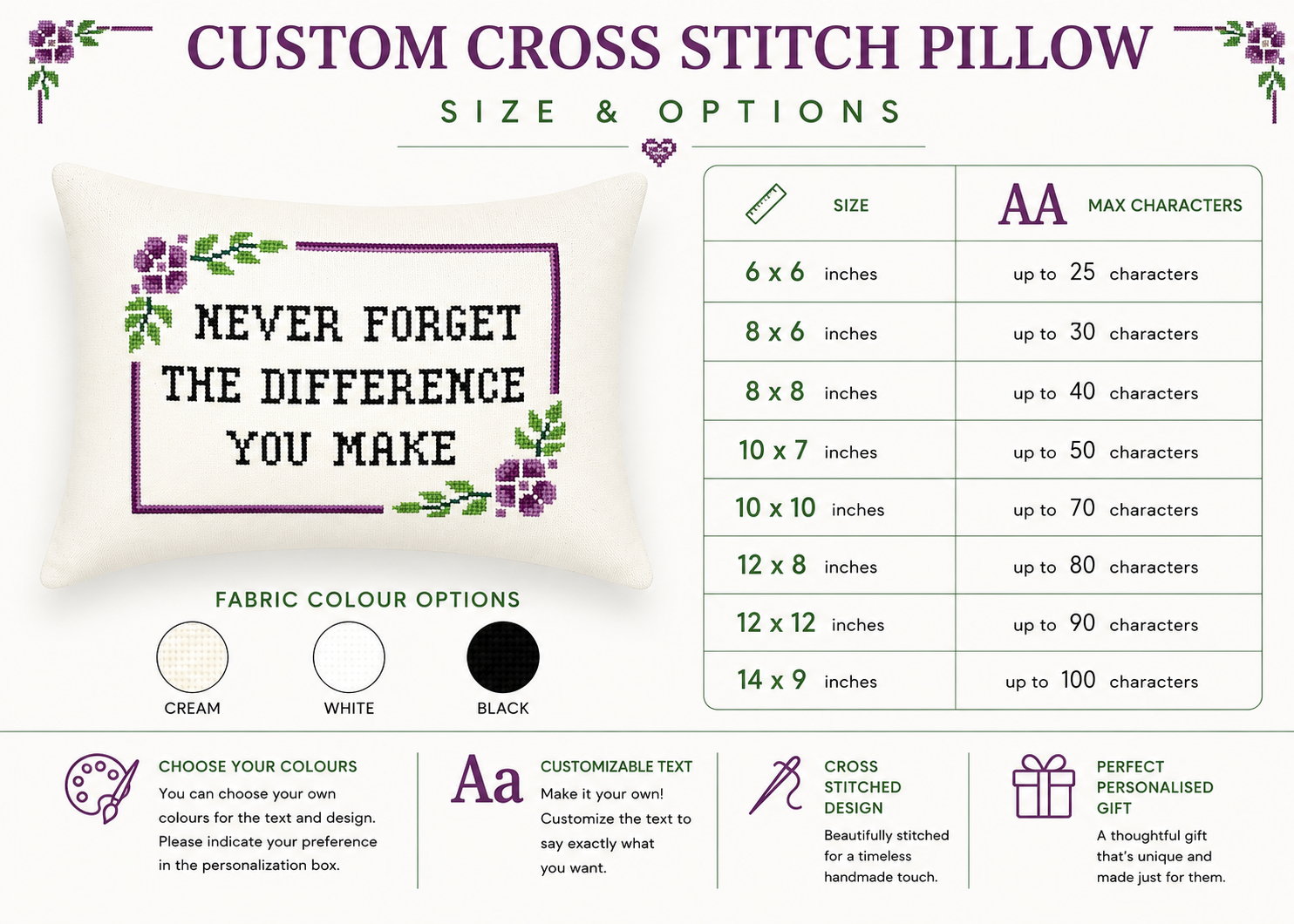 Custom cross stitch pillow design with text and size options on a white background