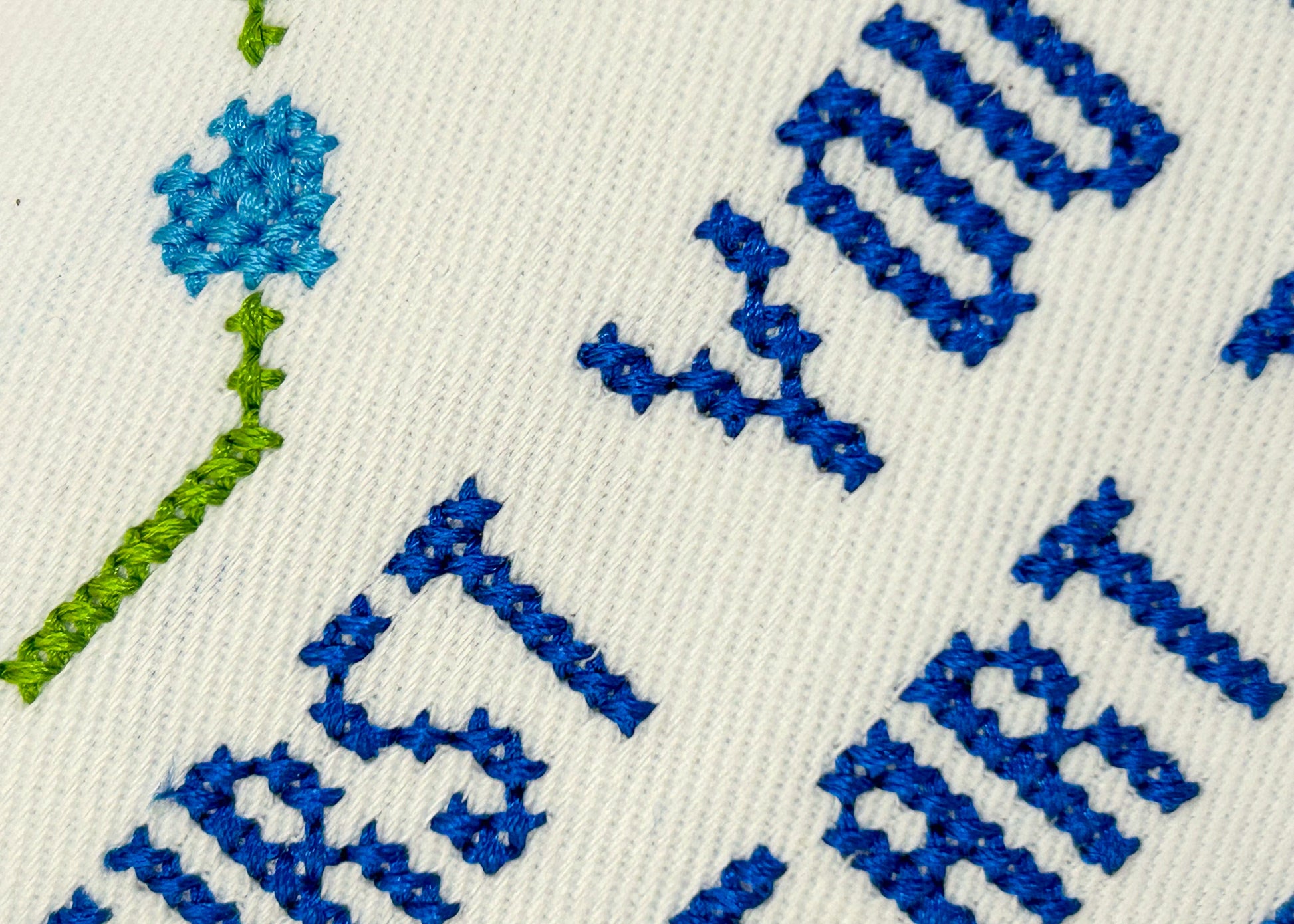 Embroidered text with blue flowers on a white fabric background
