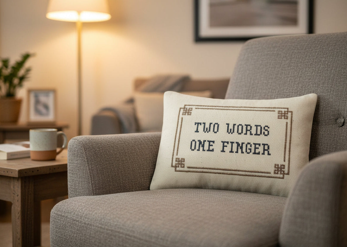 Gray sofa with a decorative pillow featuring 'Two Words One Finger' text in a living room setting.