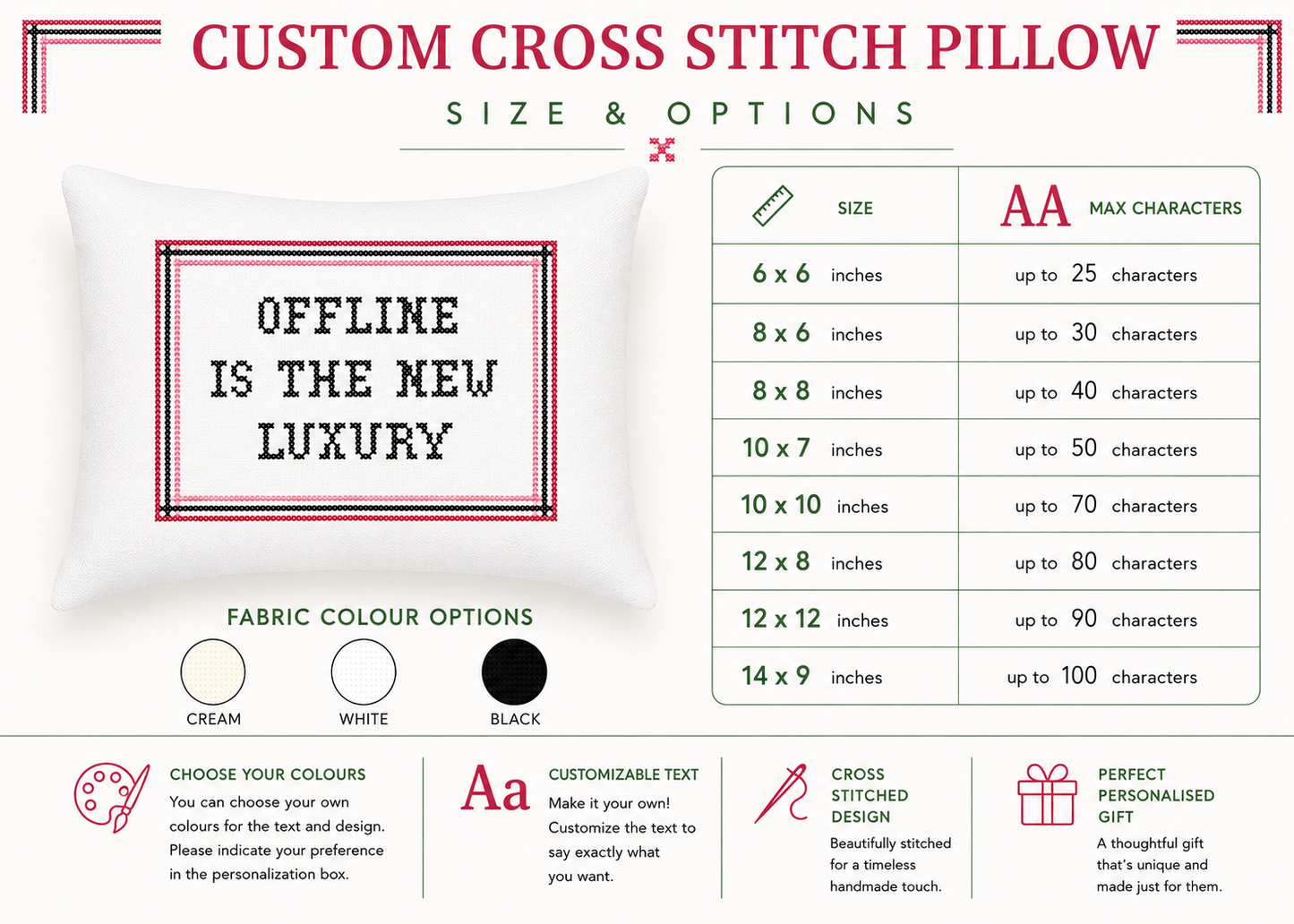 Custom cross stitch pillow size and options chart with text 'Offline is the New Luxury'.