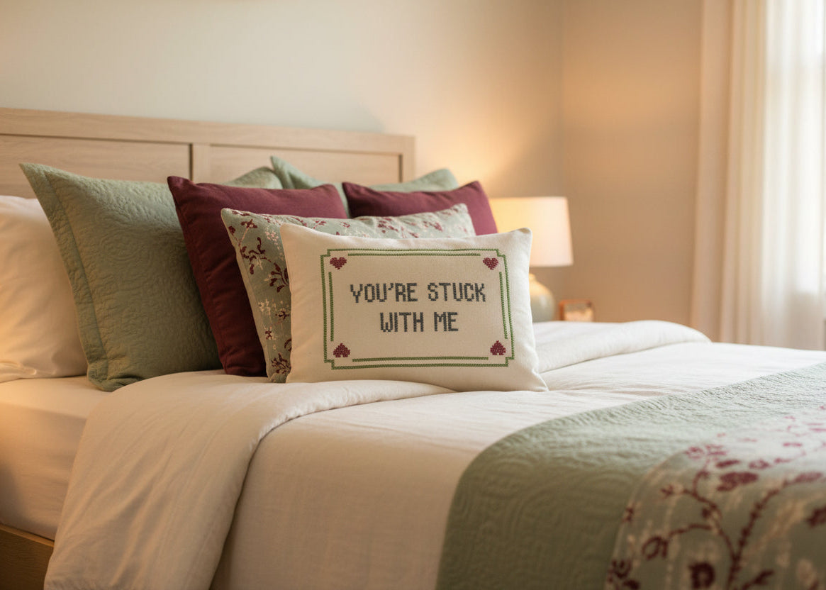 Bed with decorative pillows, including one with a humorous message, in a softly lit bedroom.