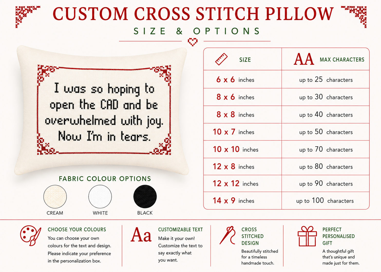 Custom cross stitch pillow size and options chart with text sample and fabric color options.