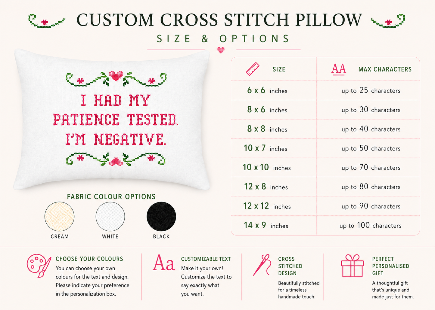 Custom cross stitch pillow with customizable text and size options on a white background