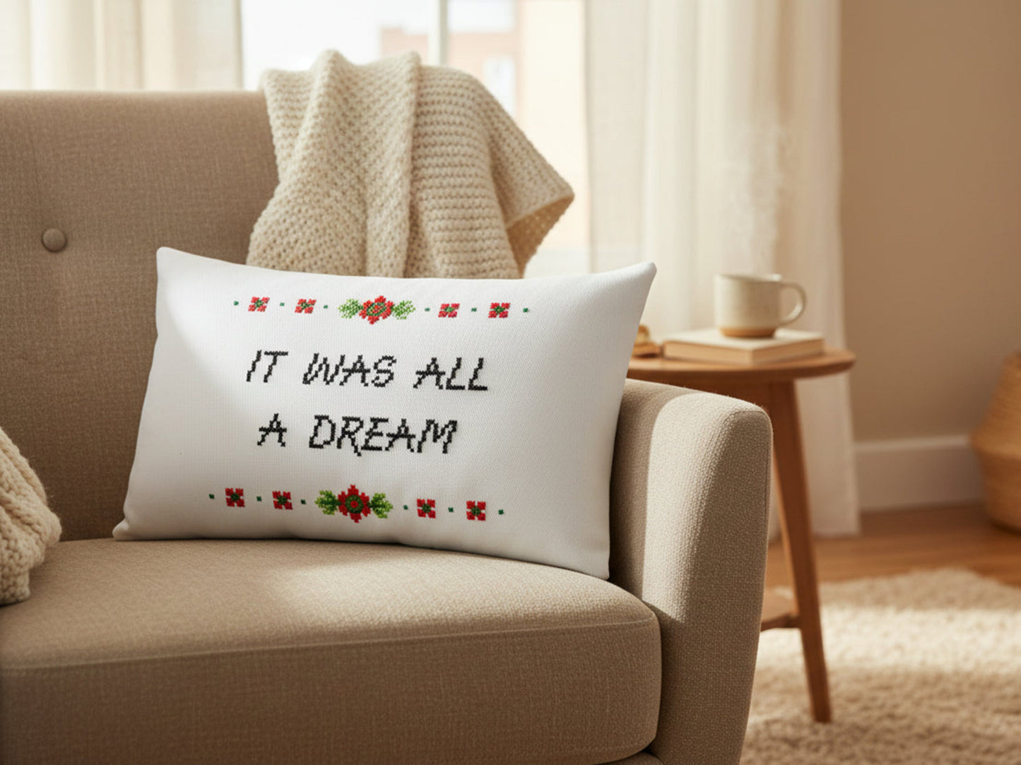 Decorative pillow with 'It was all a dream' text on a couch in a living room setting.