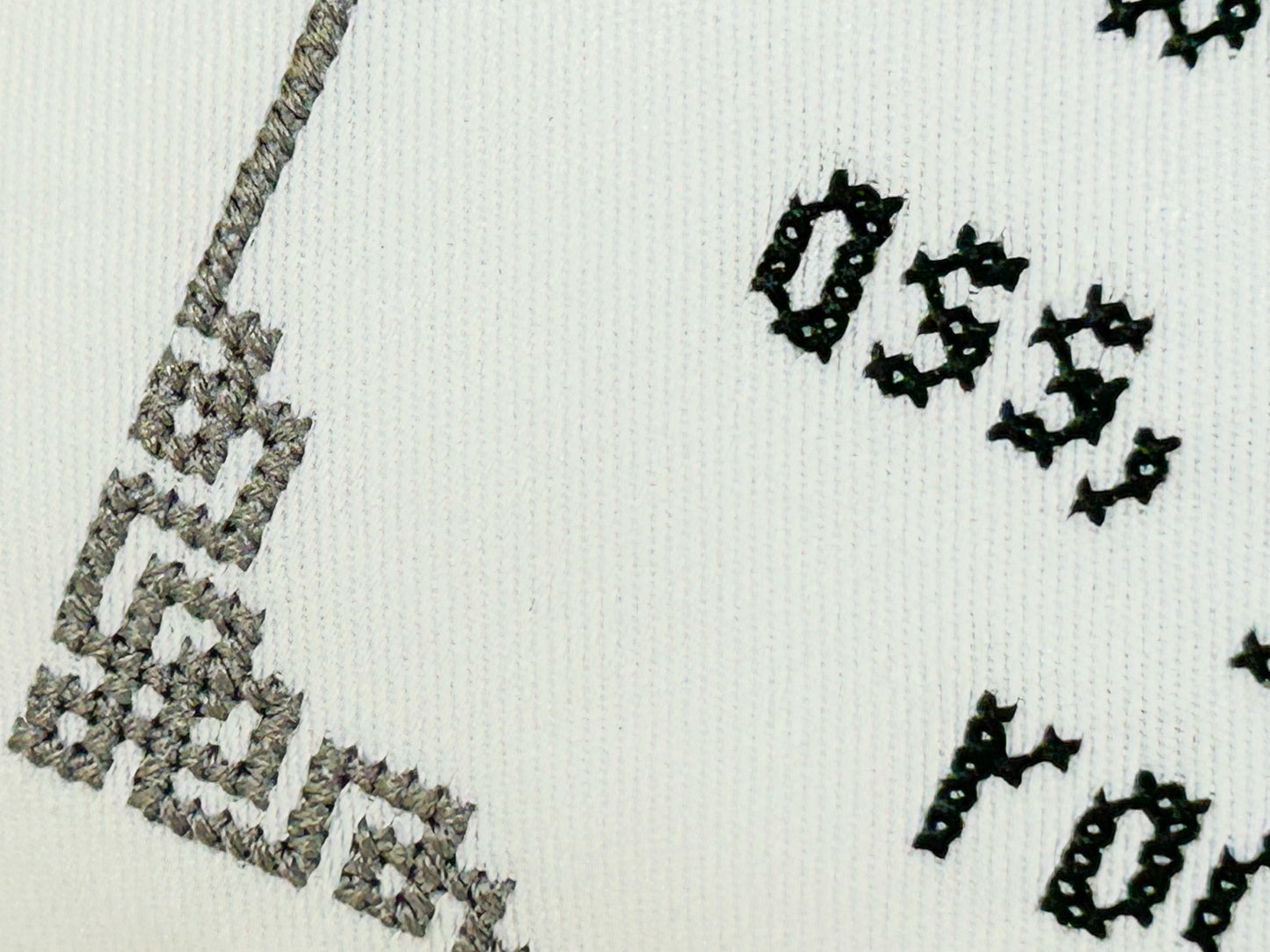 Close-up of a textured fabric with geometric patterns in black and gray.