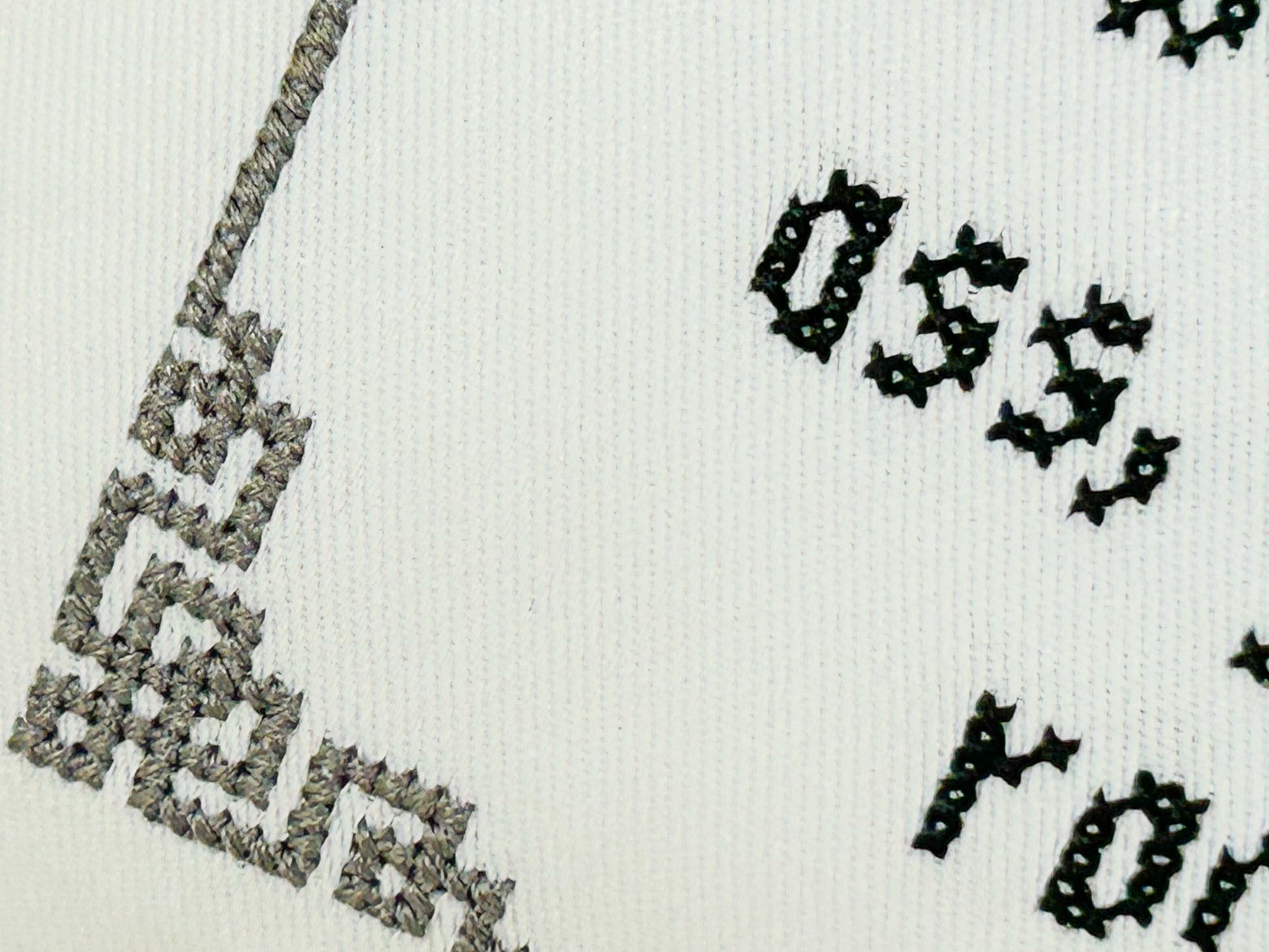 Close-up of a textured fabric with geometric patterns in black and gray.