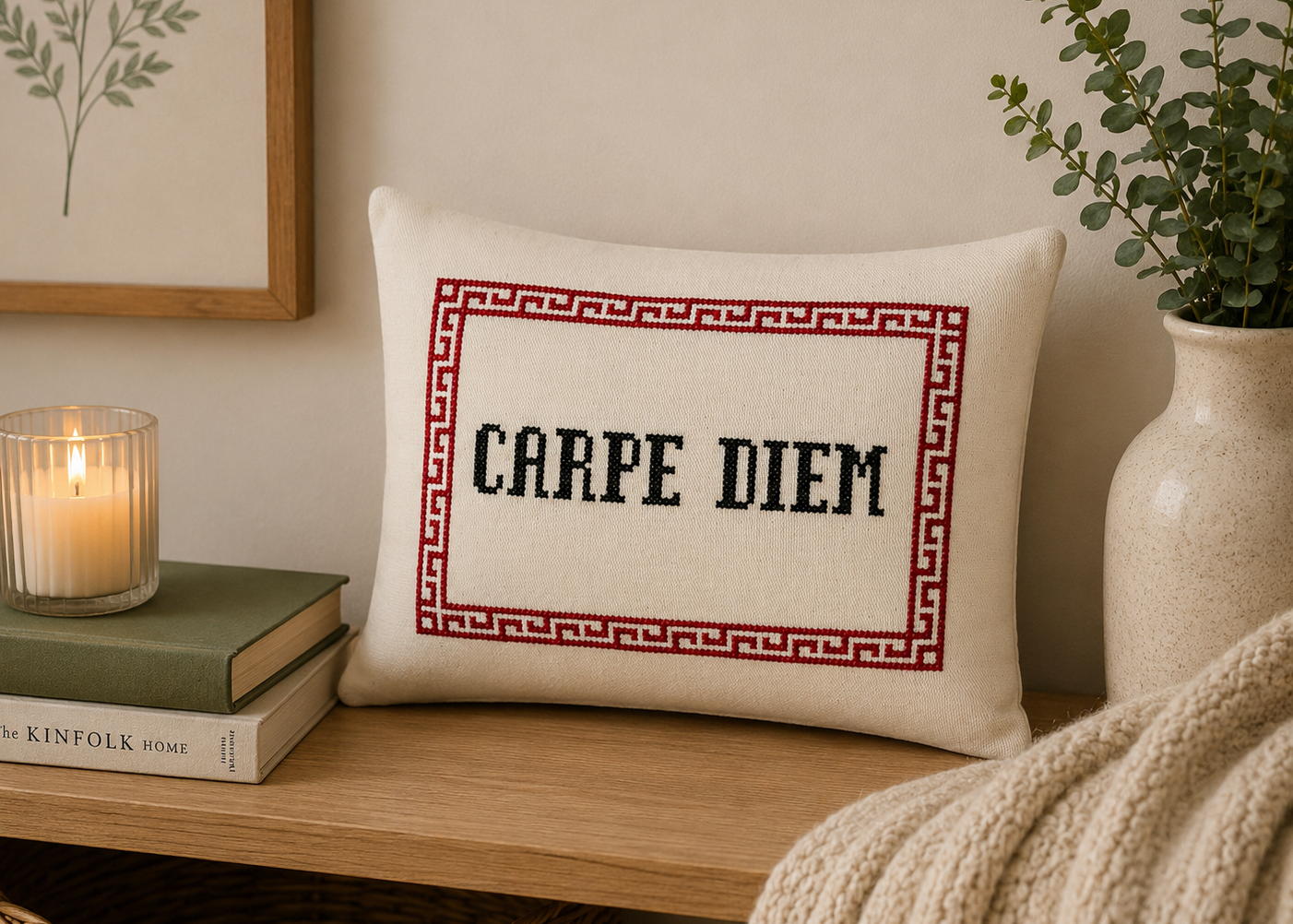 Decorative pillow with 'CARPE DIEM' text on a wooden surface with books and a candle.
