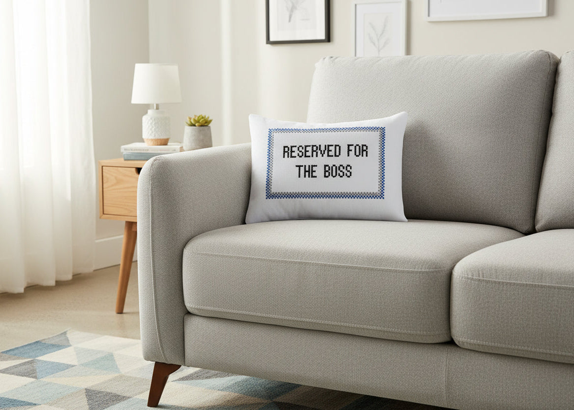 Gray sofa with a pillow labeled 'Reserved for the Boss' in a living room setting.