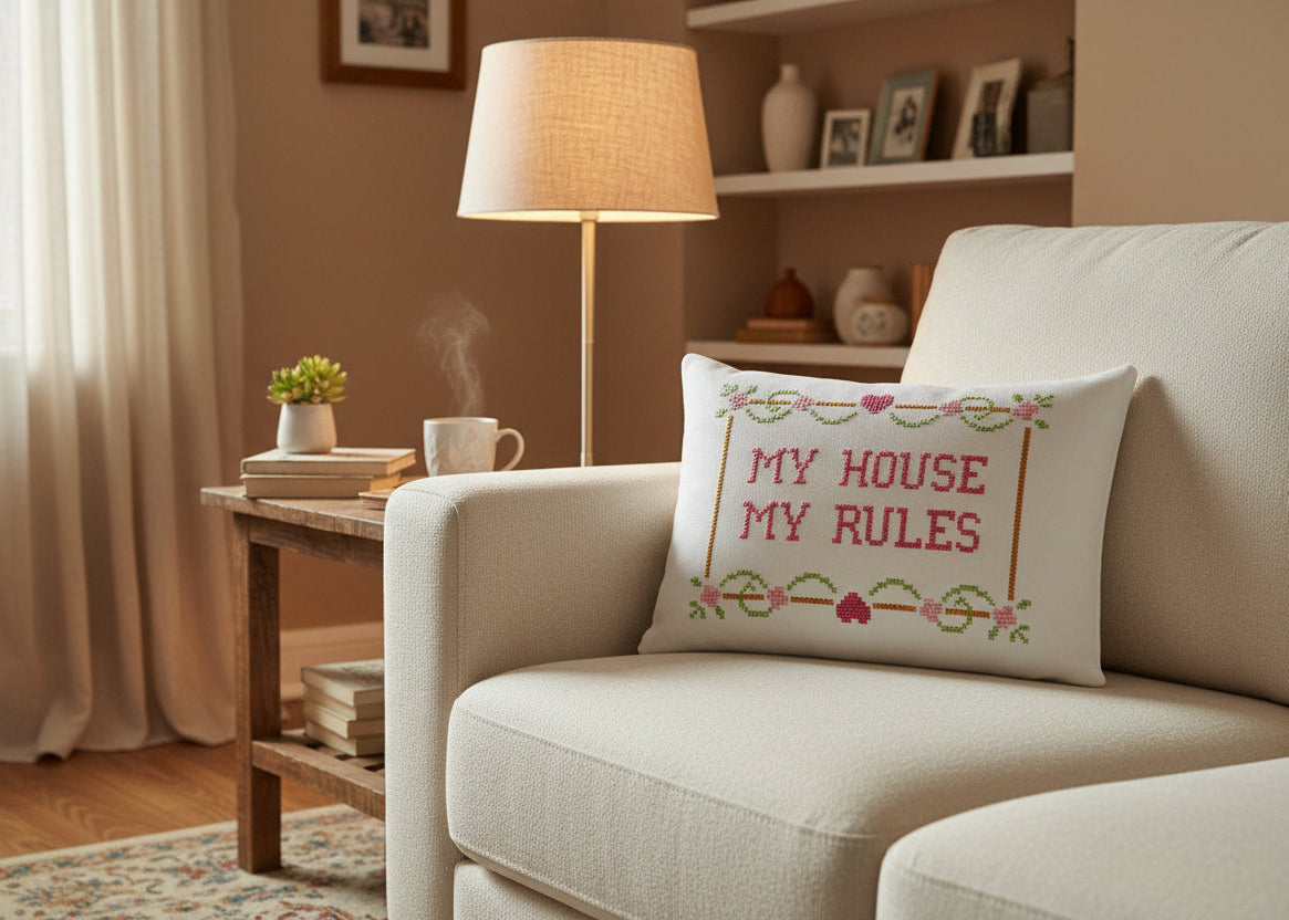 Decorative pillow with cross-stitched text 'My House My Rules' on a star-patterned background