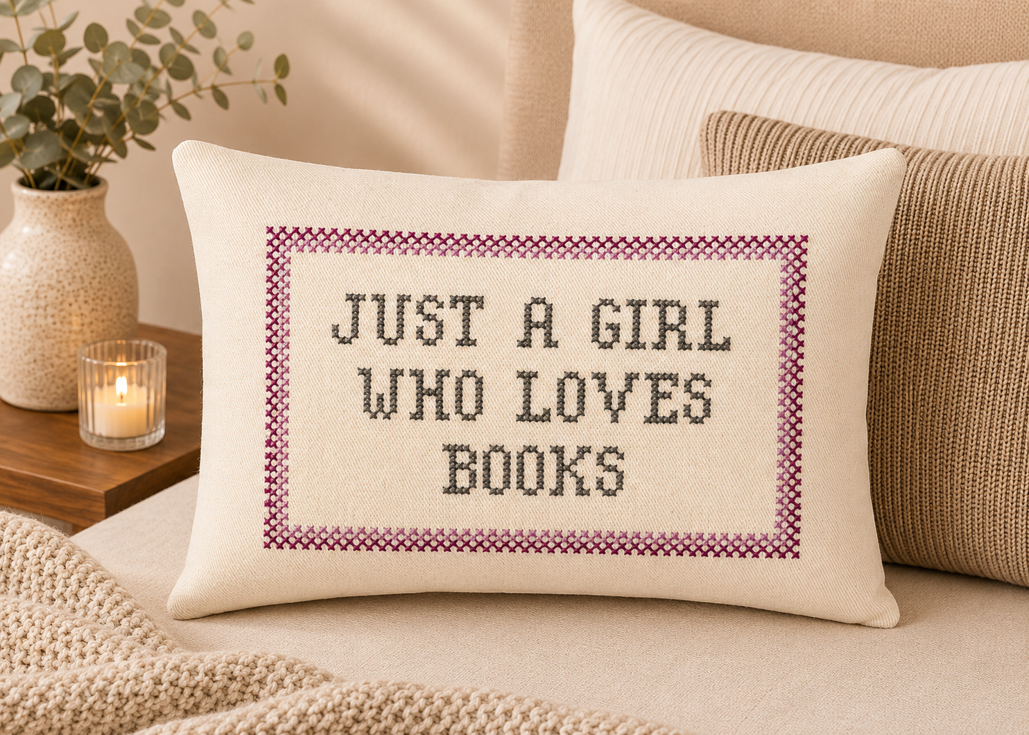 Decorative pillow with 'Just a Girl Who Loves Books' text on a bed.