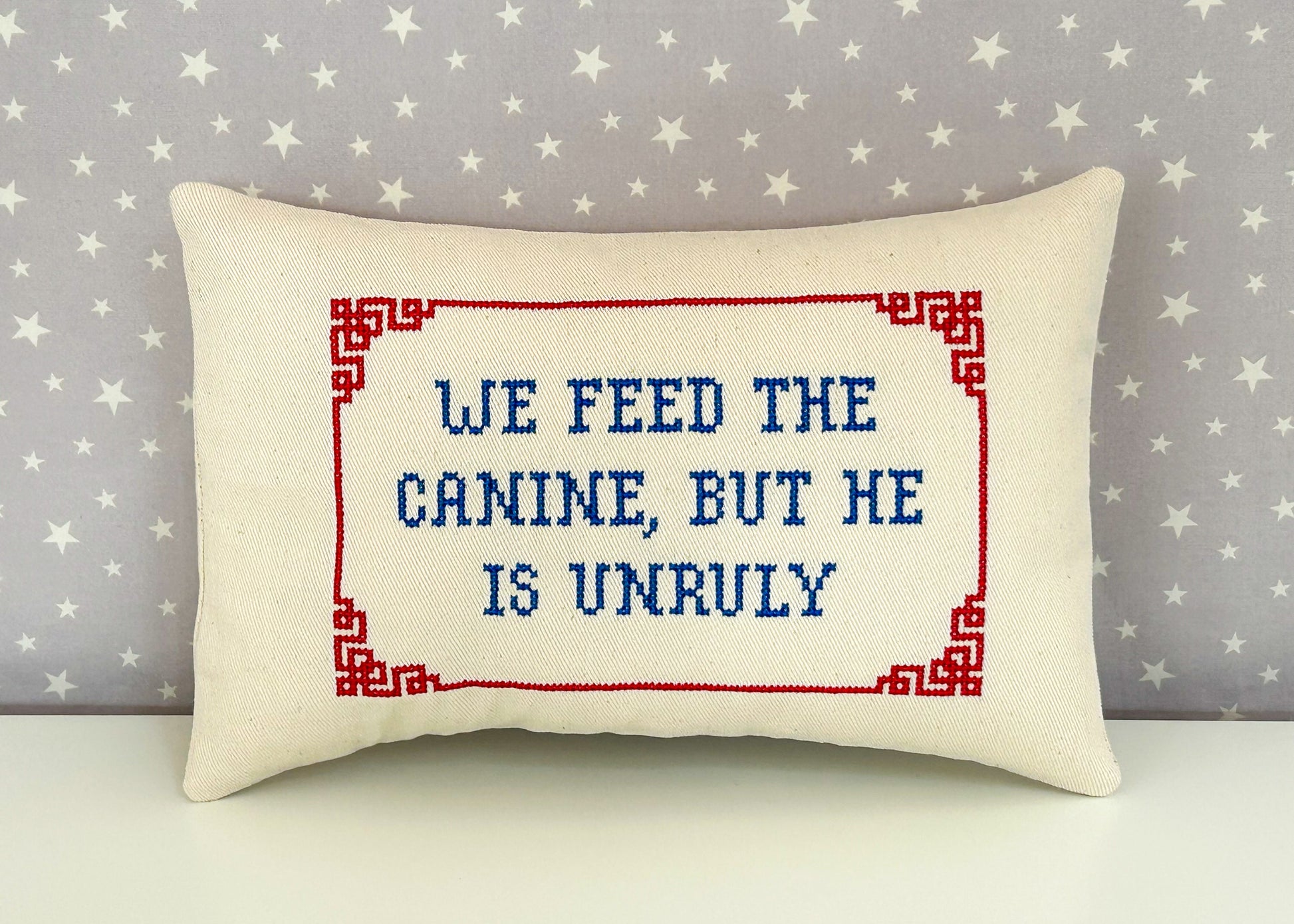 Decorative pillow with embroidered text against a star-patterned background