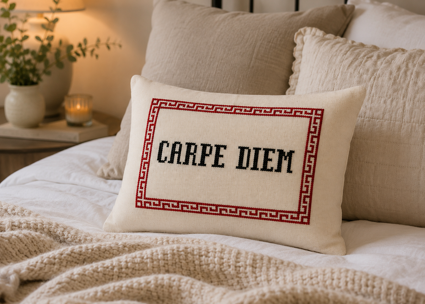 Decorative pillow with 'CARPE DIEM' text on a bed with soft lighting.