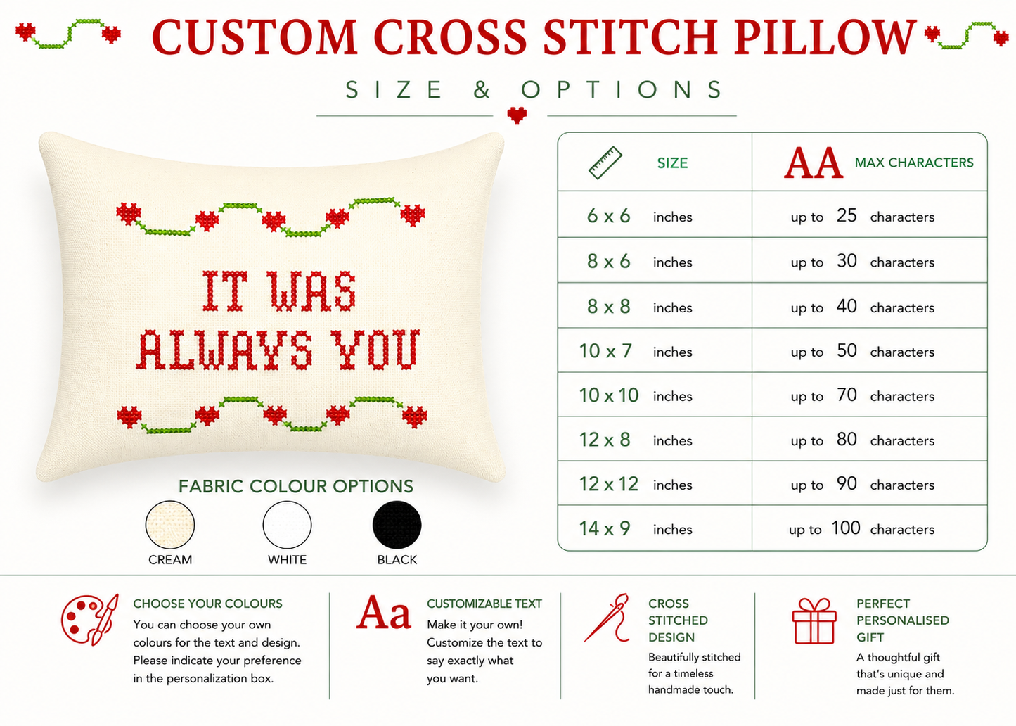 Custom cross stitch pillow with customizable text and size options on a white background.