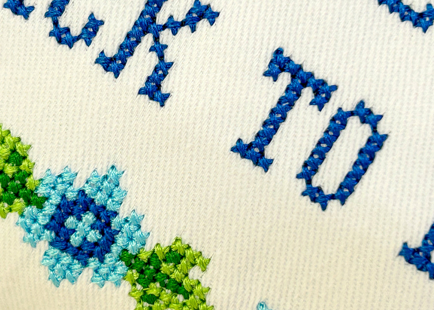 Embroidered text and floral patterns on a fabric background