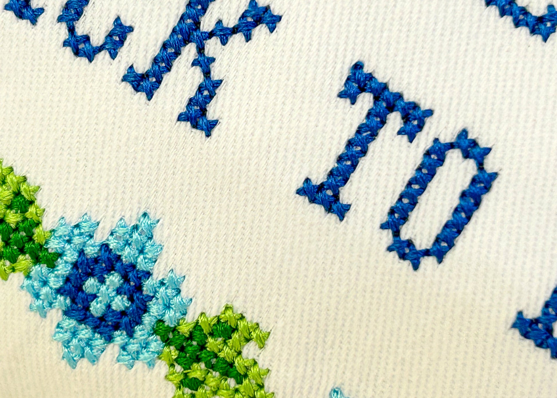 Embroidered text and floral patterns on a fabric background