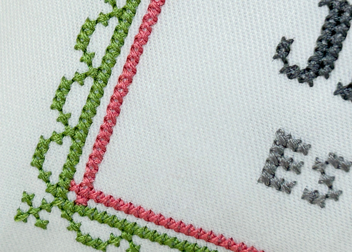 Embroidered fabric with green and red lace trim on a white background