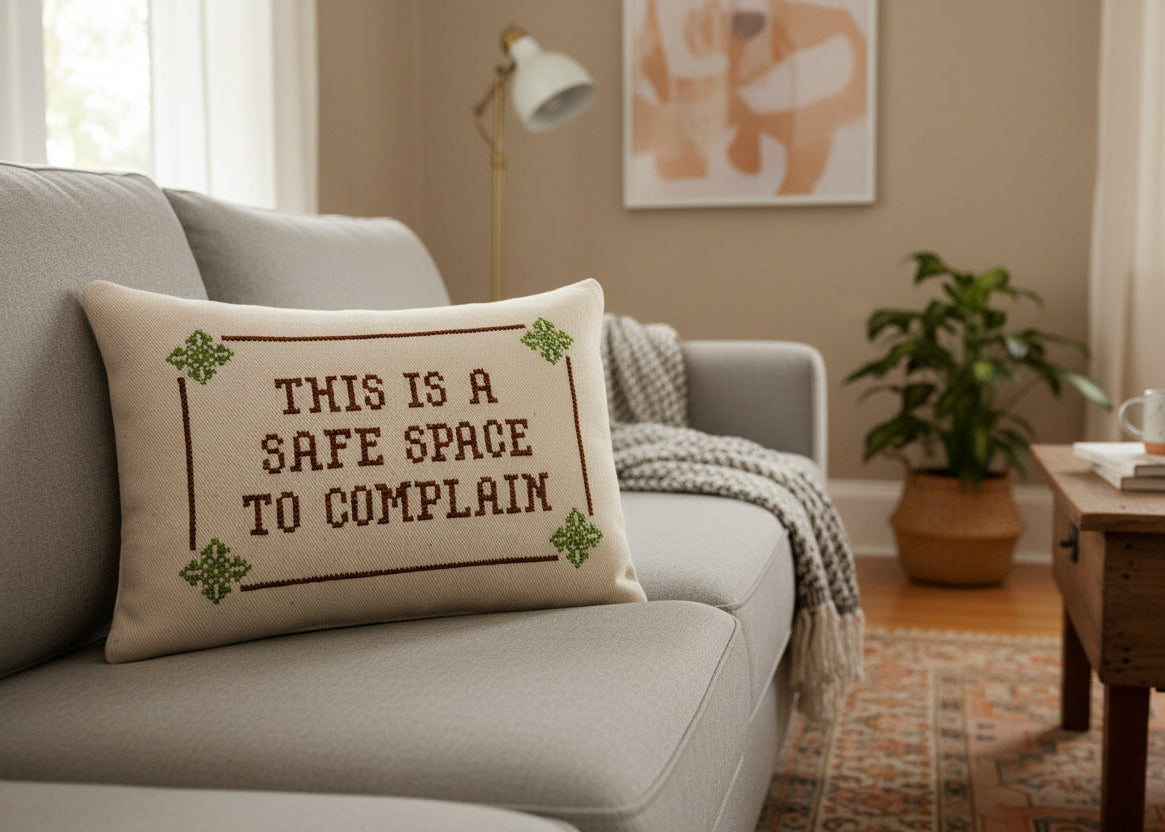 Decorative pillow with text on a couch in a living room setting