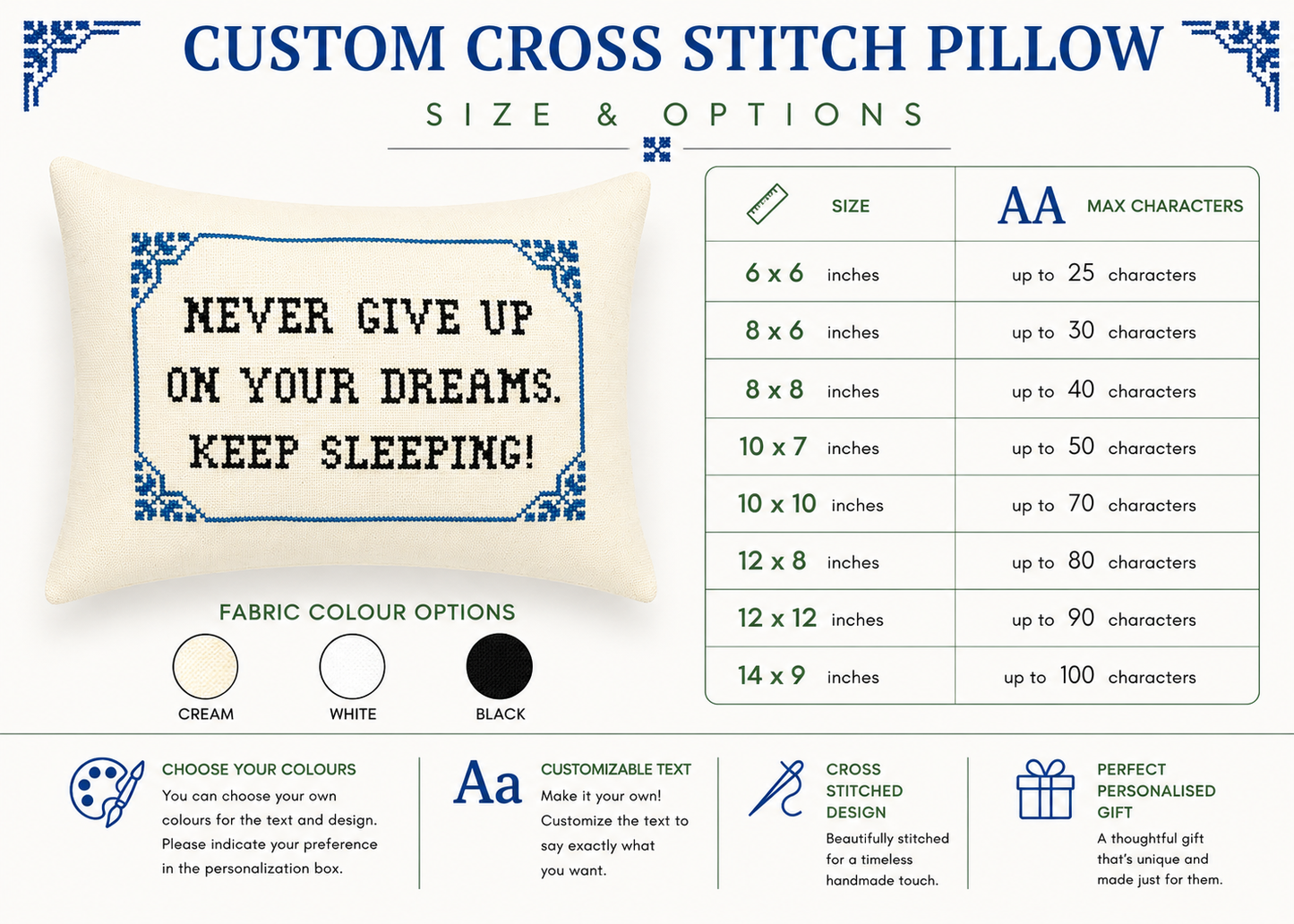 Custom cross stitch pillow with customizable text and size options on a white background.