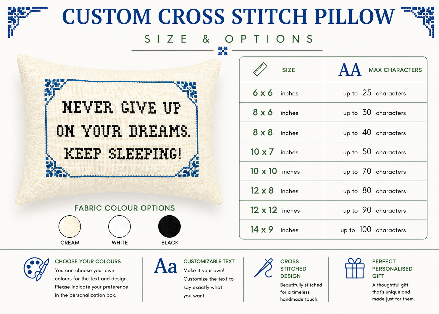 Custom cross stitch pillow with customizable text and size options on a white background.