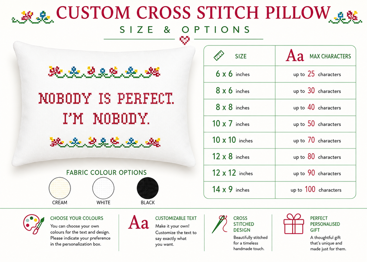 Custom cross stitch pillow with text 'Nobody is perfect. I'm nobody' and size options chart.
