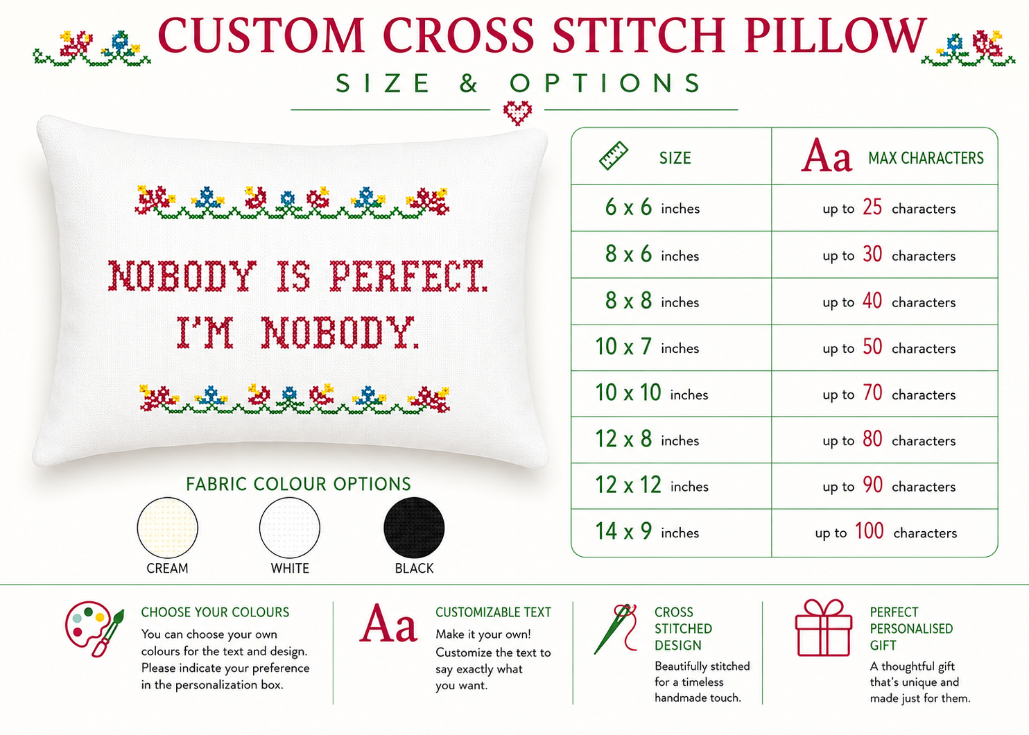 Custom cross stitch pillow with text 'Nobody is perfect. I'm nobody' and size options chart.