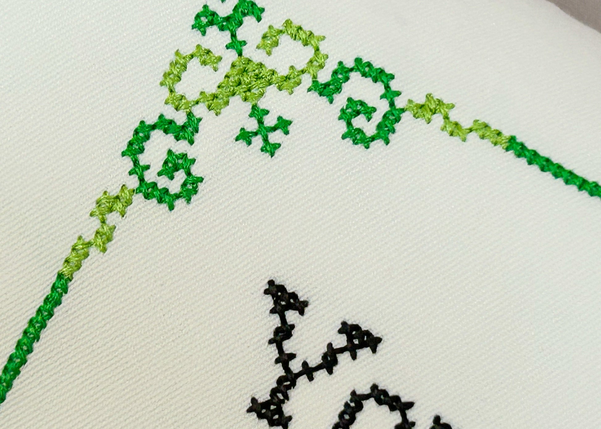 Close-up of green and black embroidered designs on fabric