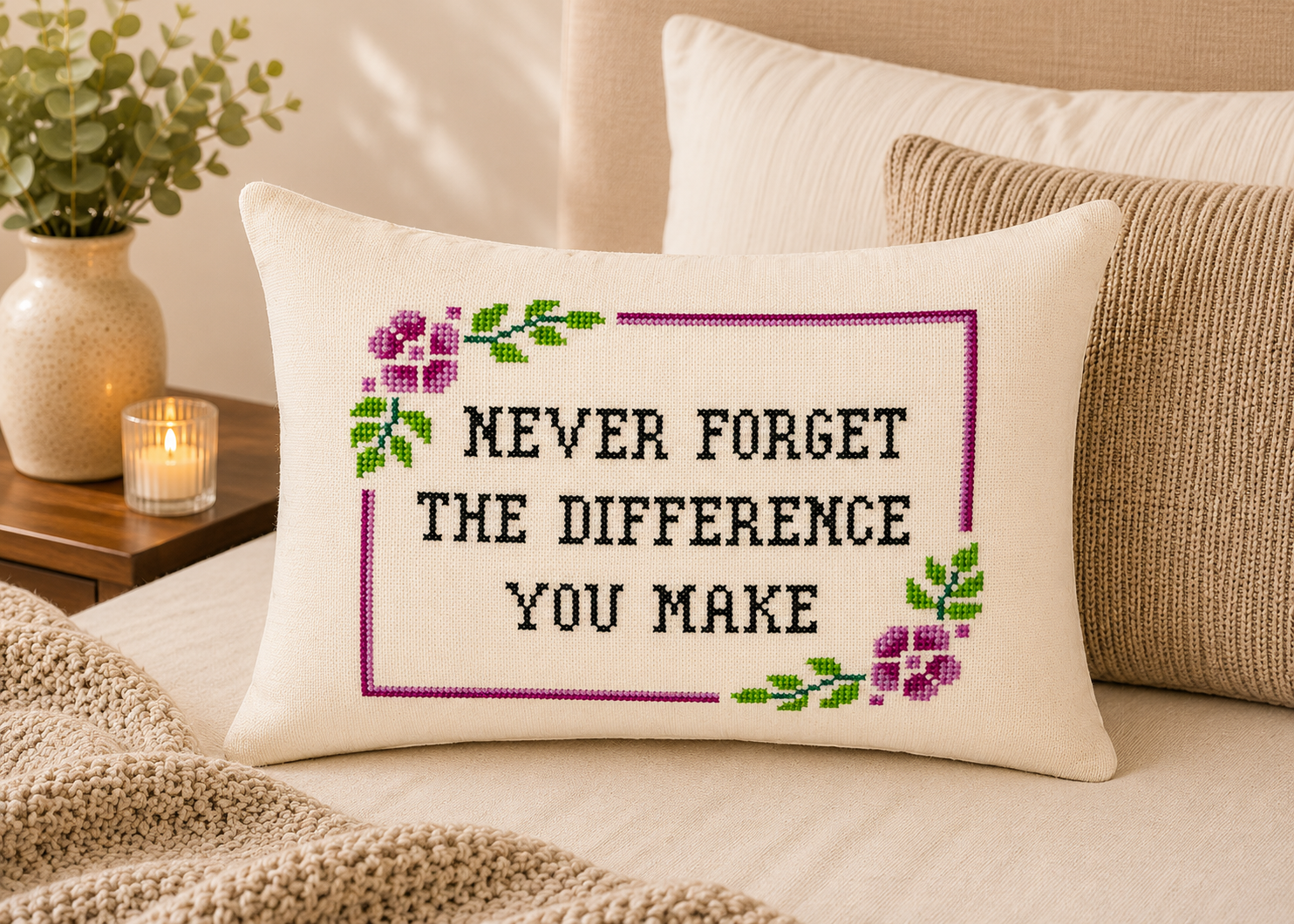 Decorative pillow with cross-stitched text on a couch, surrounded by pillows and a candle.