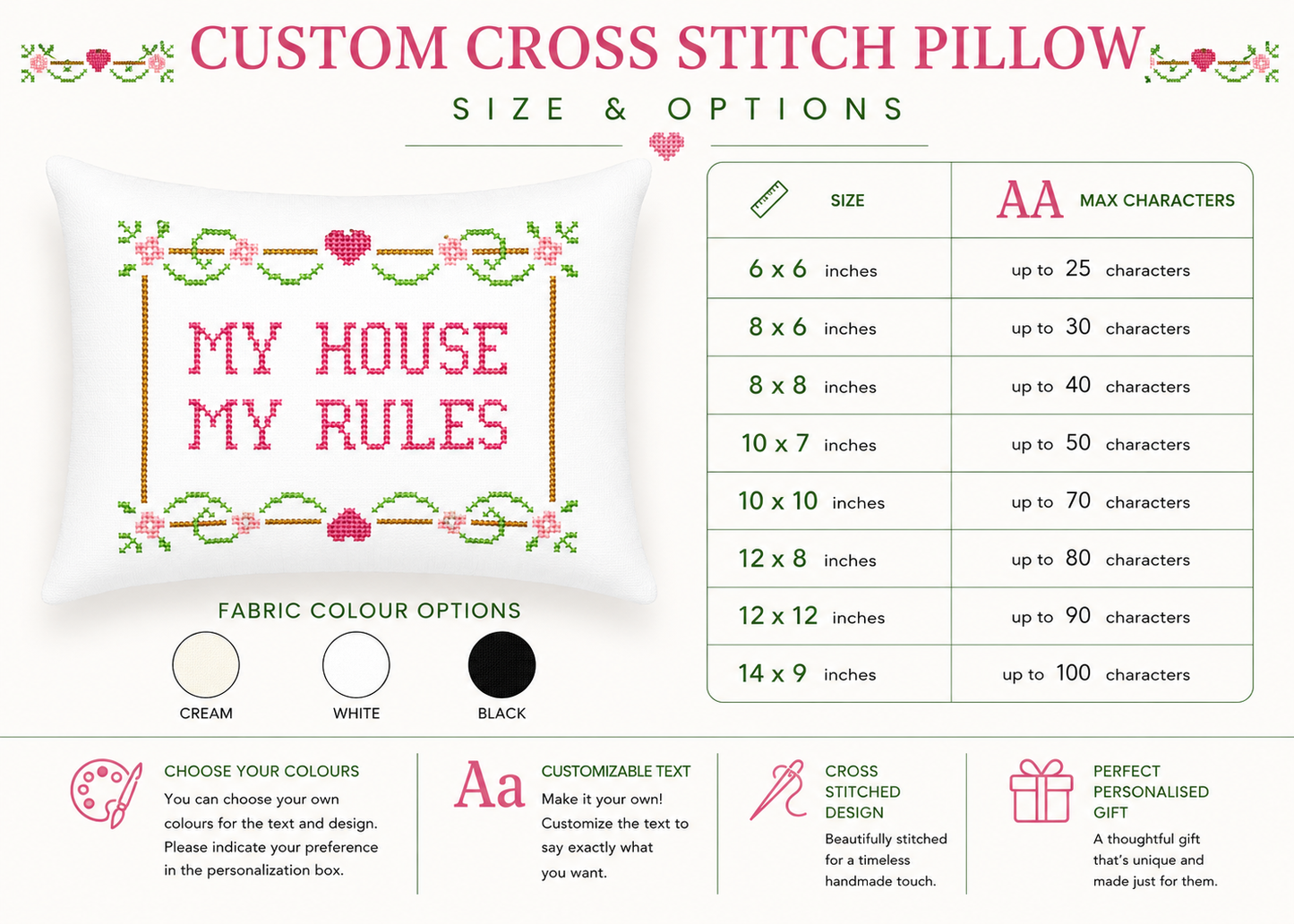 Custom cross stitch pillow design with text 'My House My Rules' and size options chart.