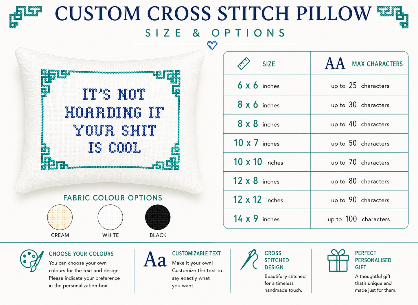 Custom cross stitch pillow with customizable text and size options on a white background.