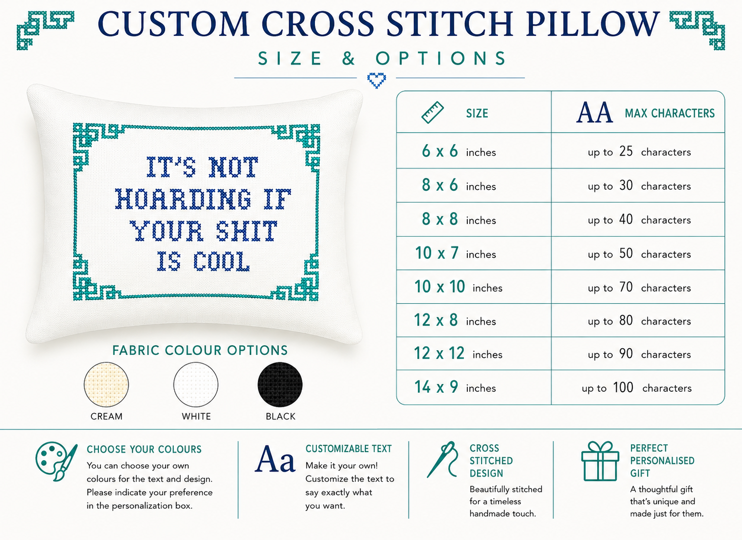 Custom cross stitch pillow with customizable text and size options on a white background.