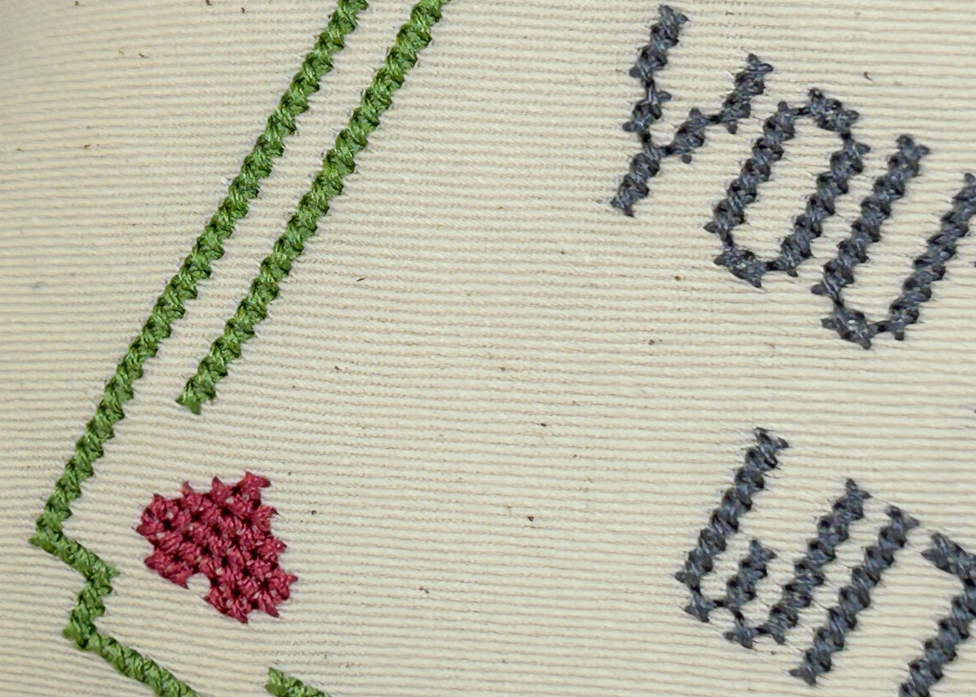Embroidery with text and floral design on fabric