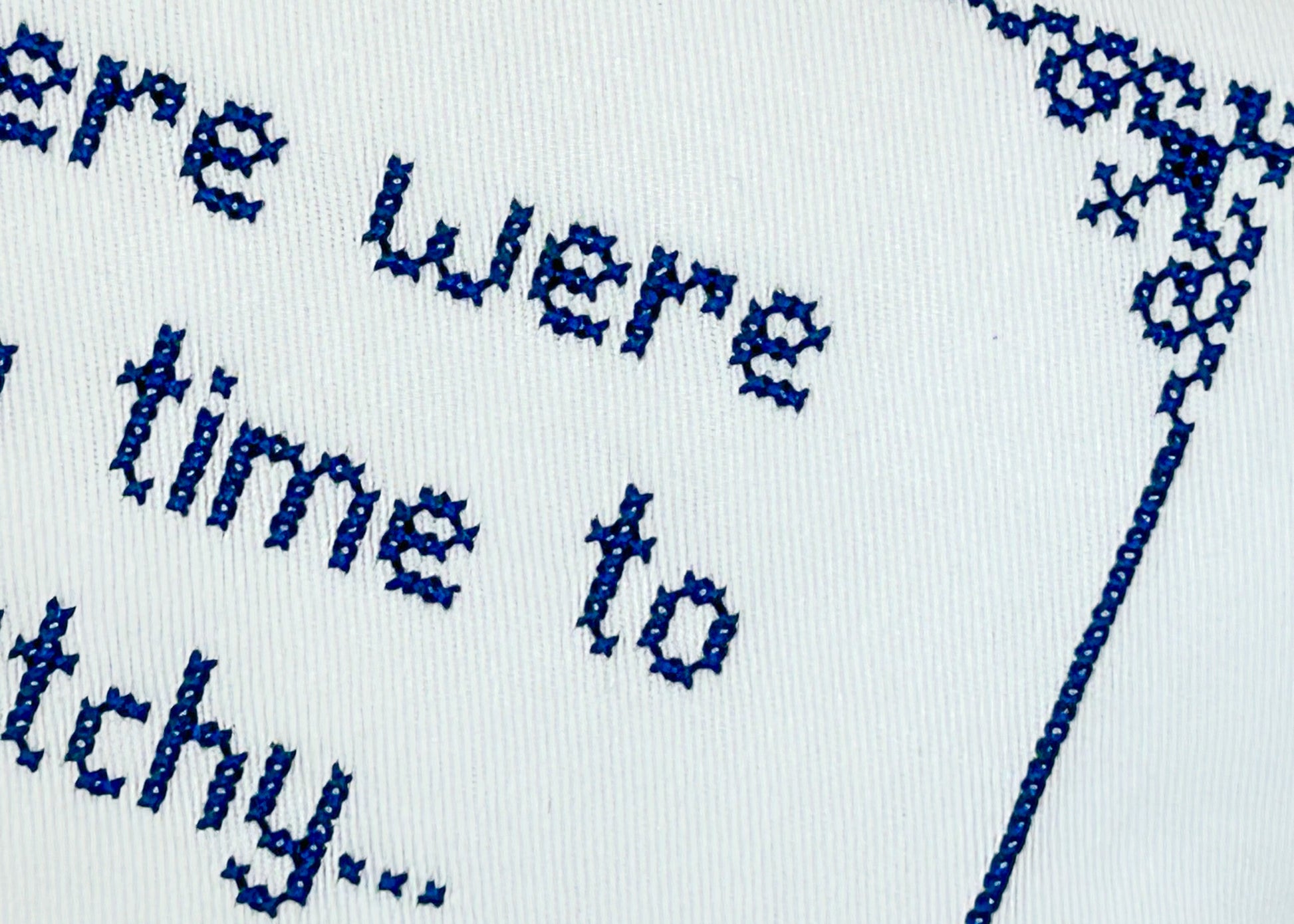 Text on fabric with blue embroidery thread, partially completed.