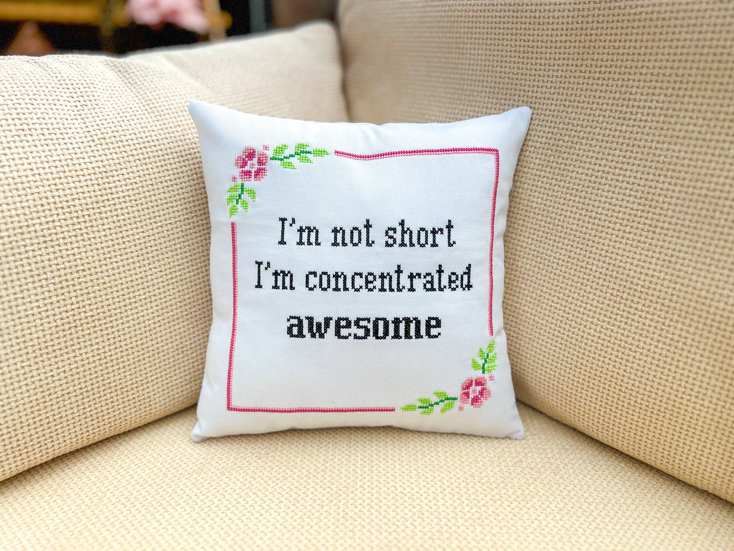 Decorative pillow with text 'I'm not short, I'm concentrated, awesome' on a beige couch.