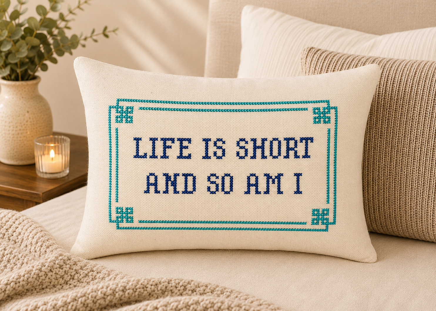 Decorative pillow with 'Life is Short and So Am I' text on a bed.