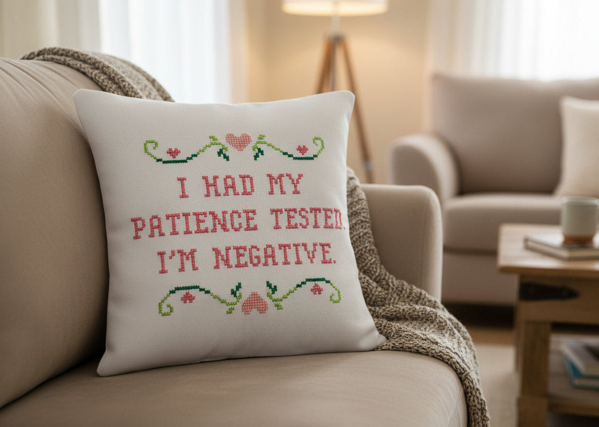 Decorative pillow with text on a couch in a living room setting