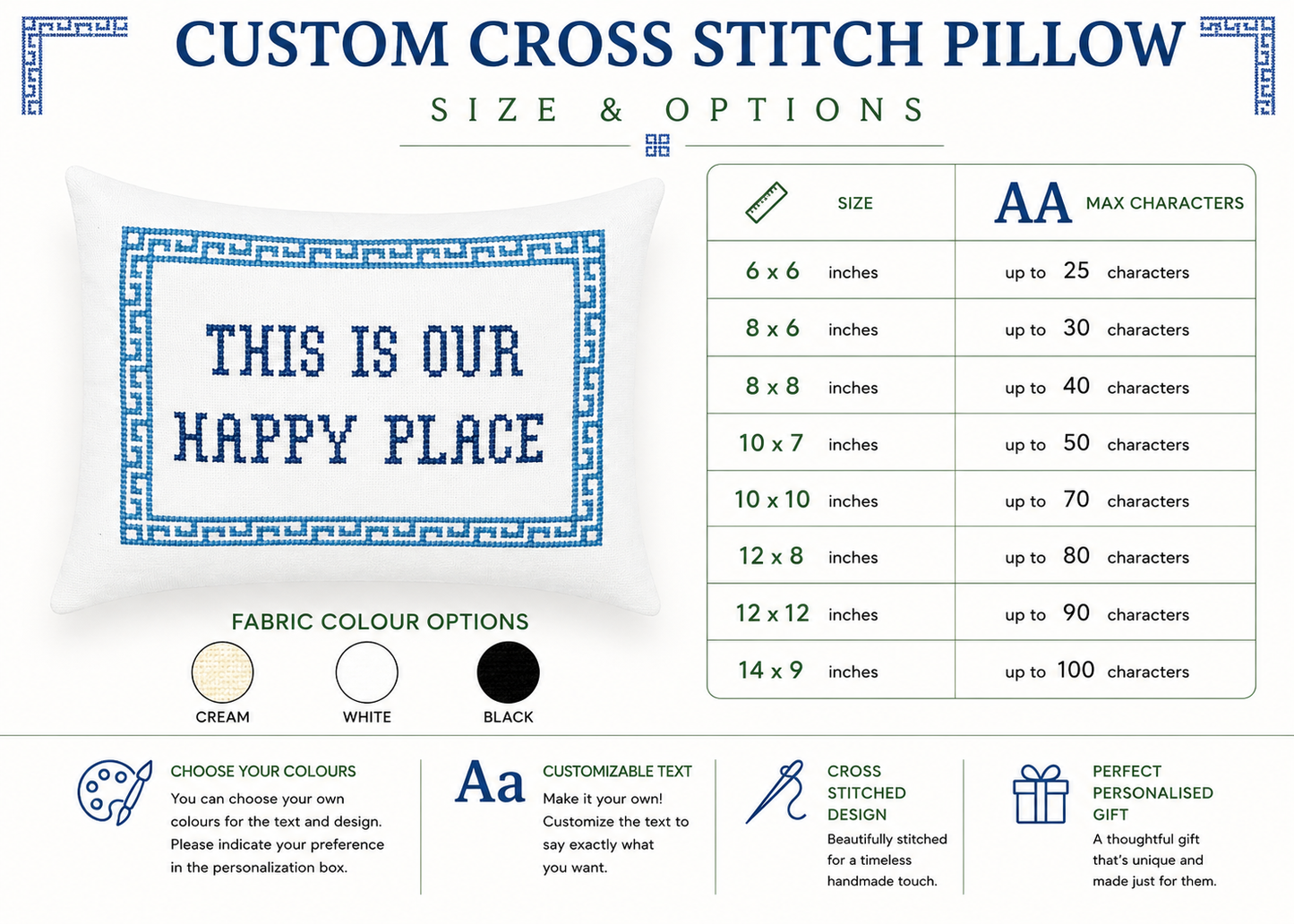 Custom cross stitch pillow size and options chart with text 'This is our happy place' and fabric color options.