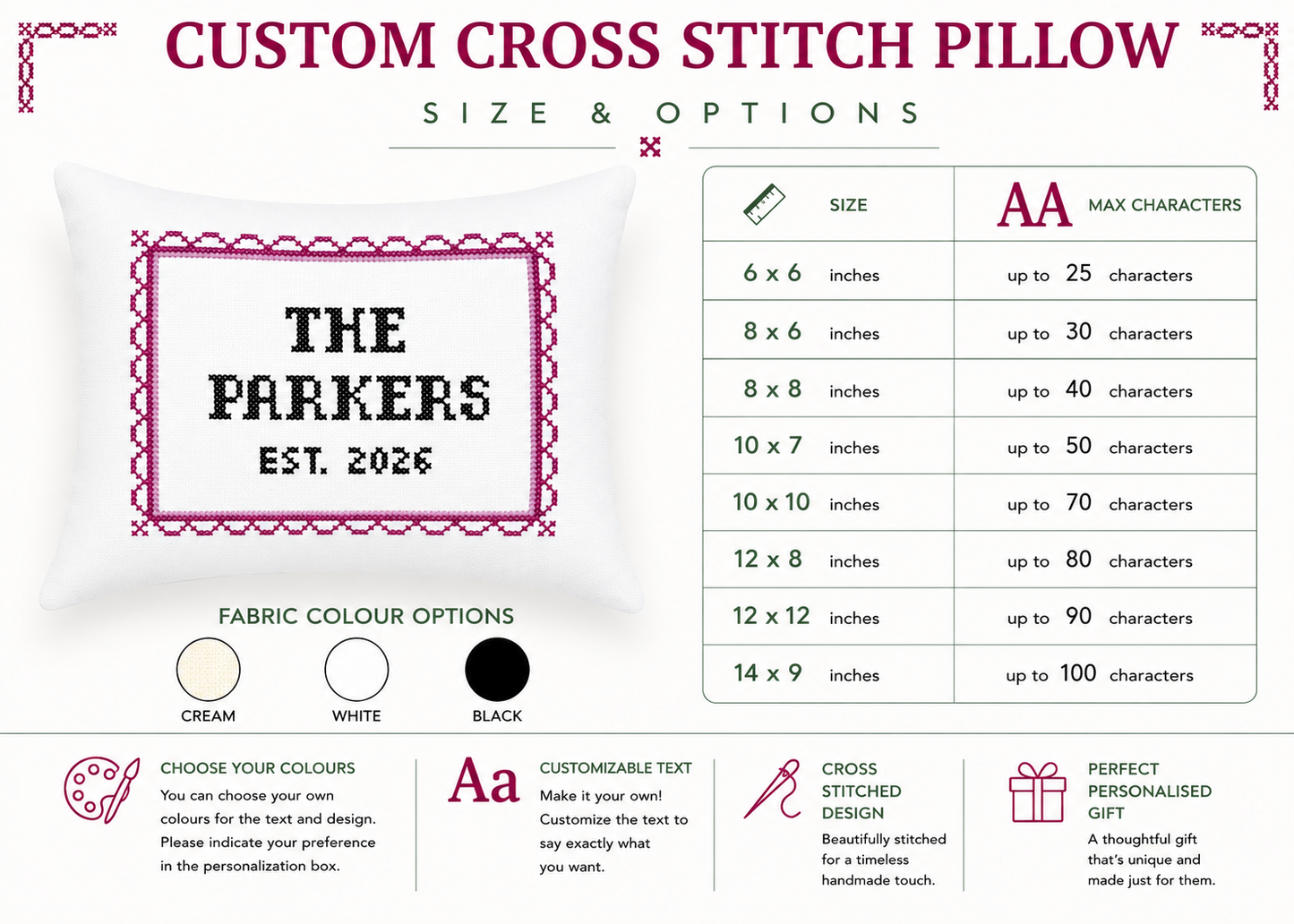 Custom cross stitch pillow size and options chart with text and fabric color options.
