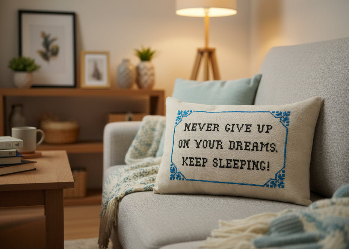 Living room with a couch featuring a motivational pillow, books, and decor.