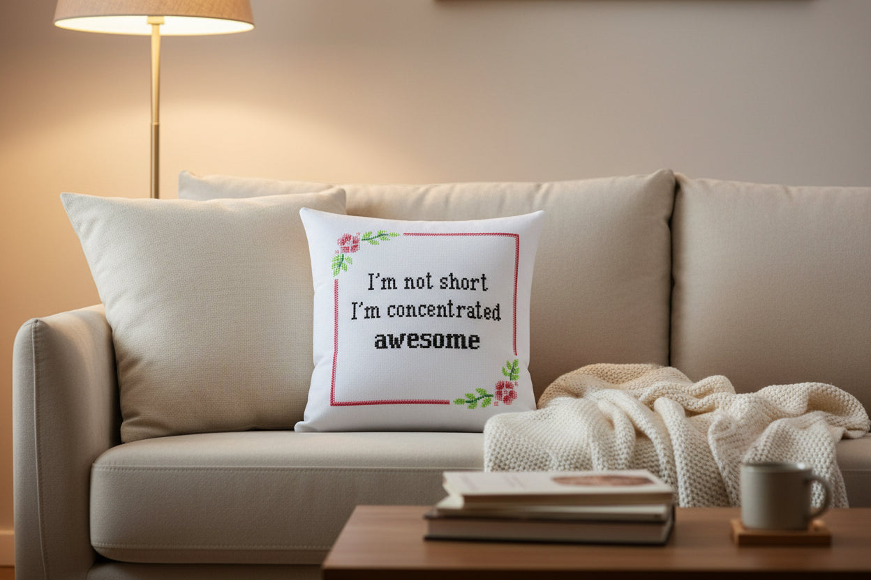 Decorative pillow with humorous text on a couch in a cozy living room.