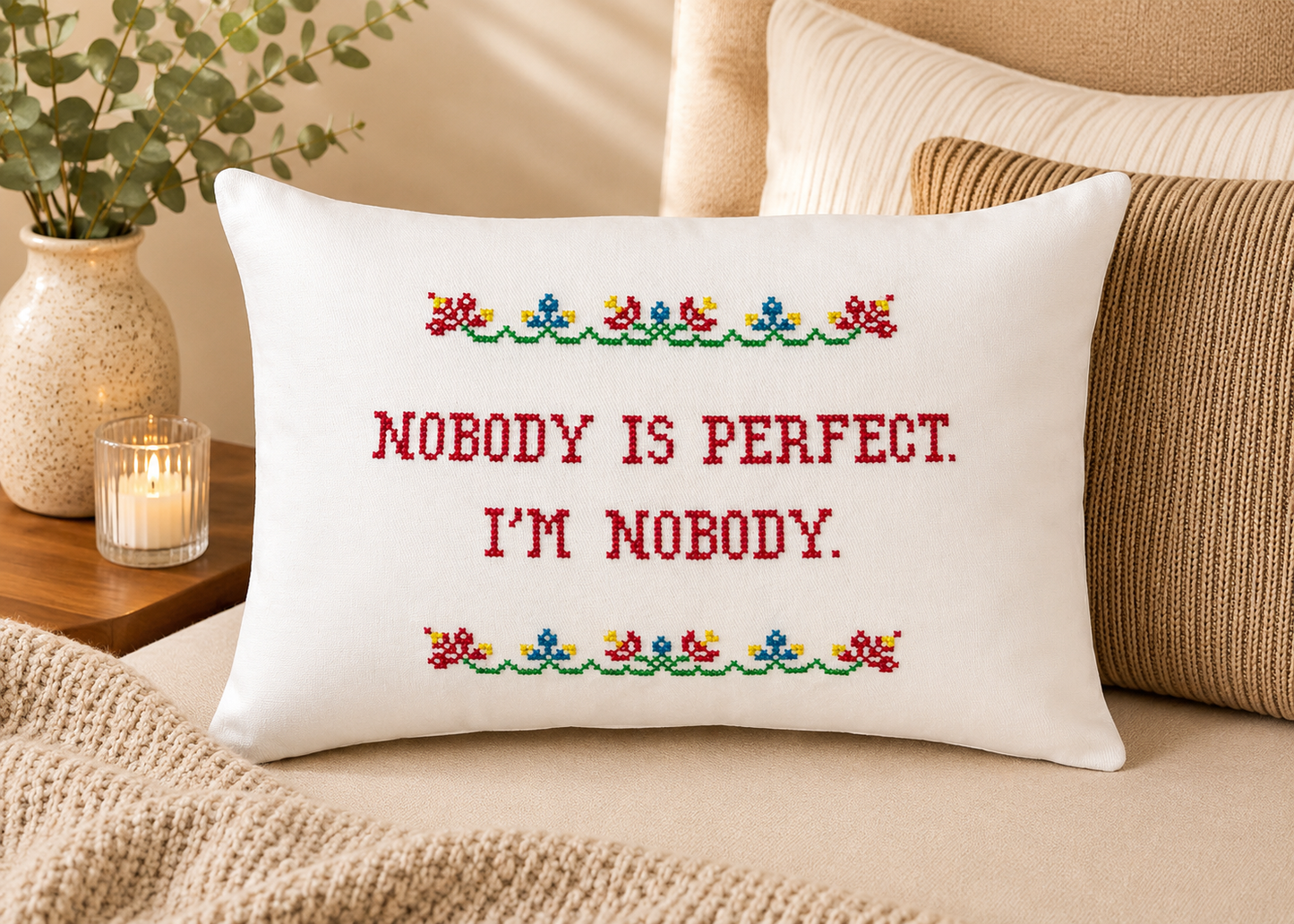 Decorative pillow with cross-stitched text on a couch, surrounded by pillows and a candle.