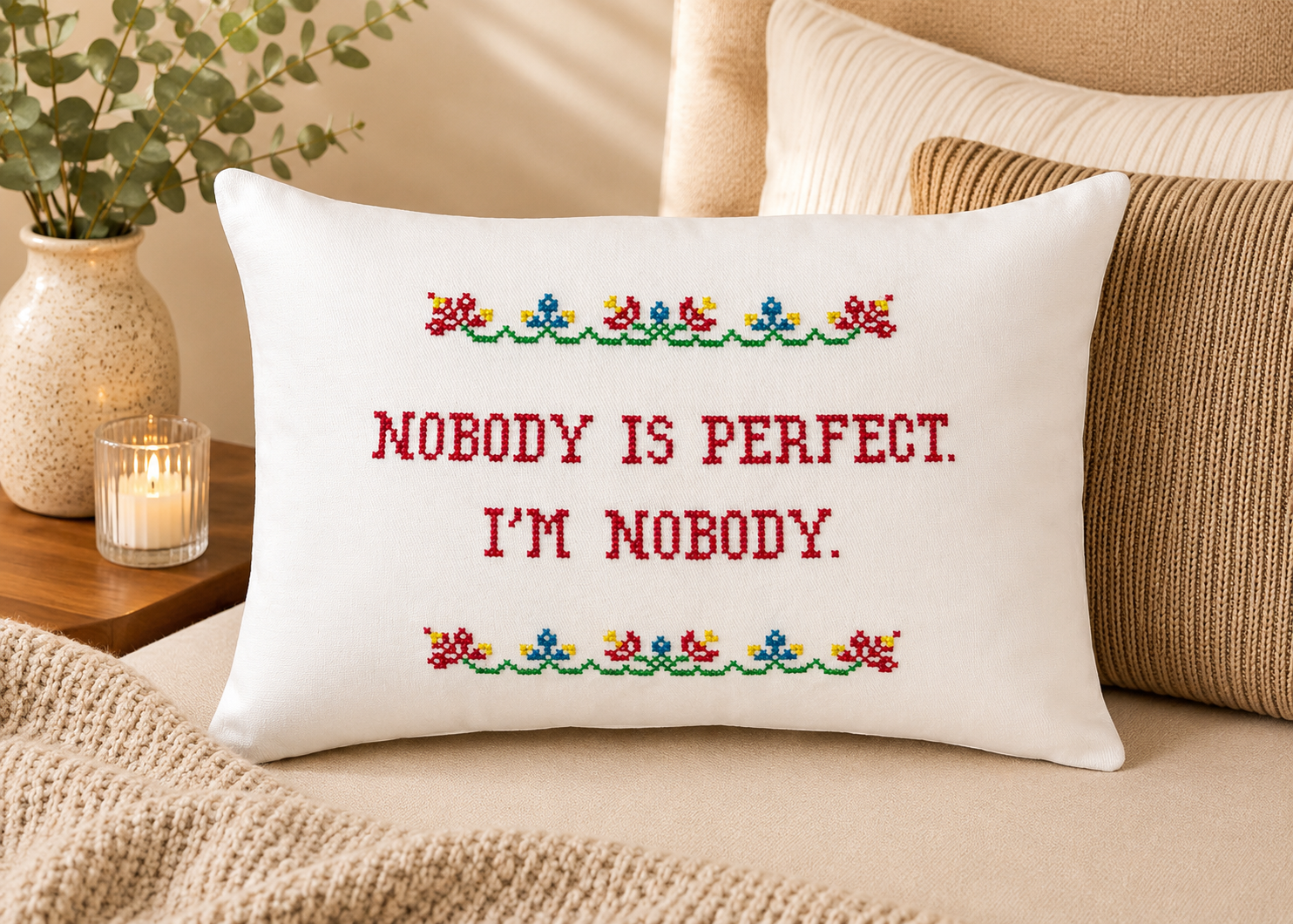 Decorative pillow with cross-stitched text on a couch, surrounded by pillows and a candle.