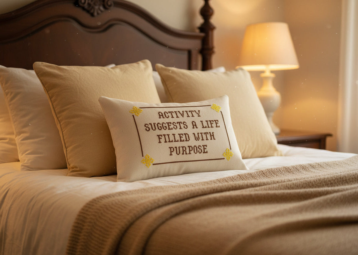 Decorative pillow with motivational quote on a bed in a softly lit bedroom.