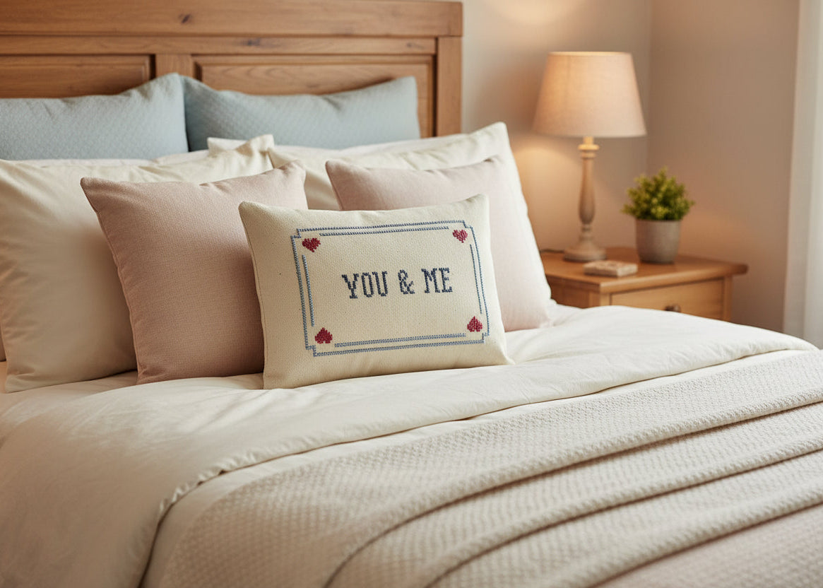 Bedroom with a bed featuring a 'You & Me' pillow, nightstand with lamp, and small plant.