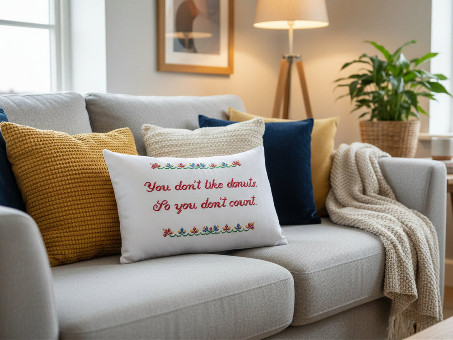 Decorative pillow with text on a couch in a living room setting