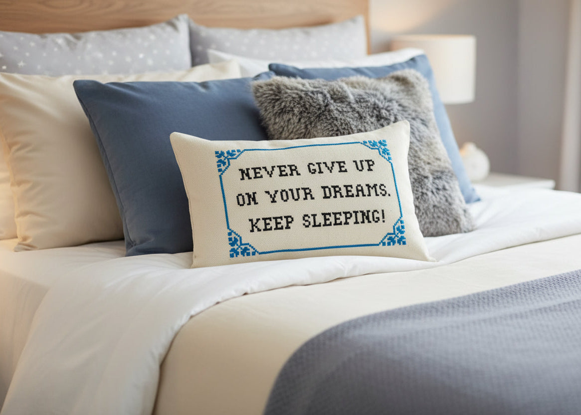 Decorative pillow with motivational quote on a bed with other pillows.