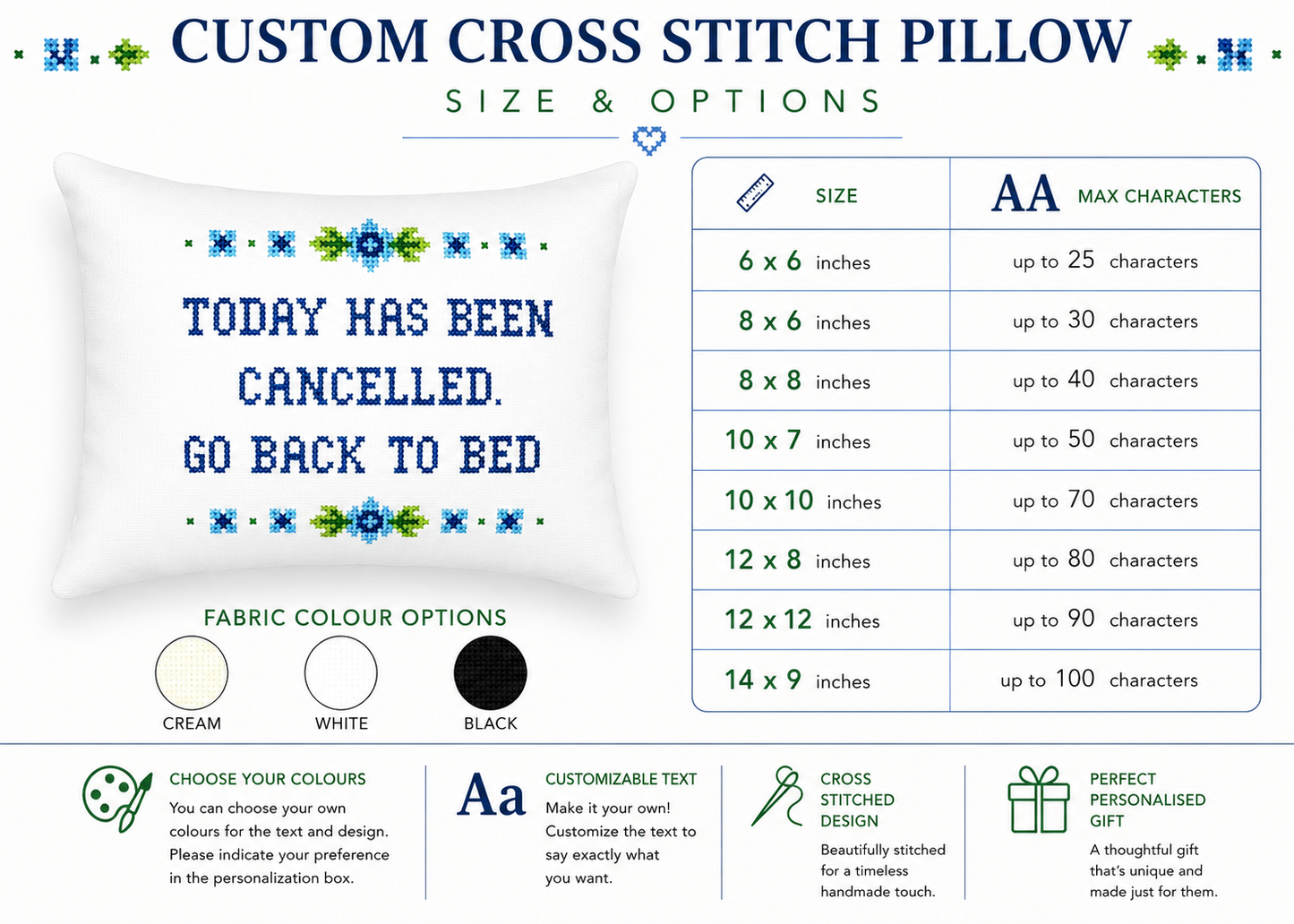 Custom cross stitch pillow with text 'Today has been cancelled, go back to bed' and size options chart.
