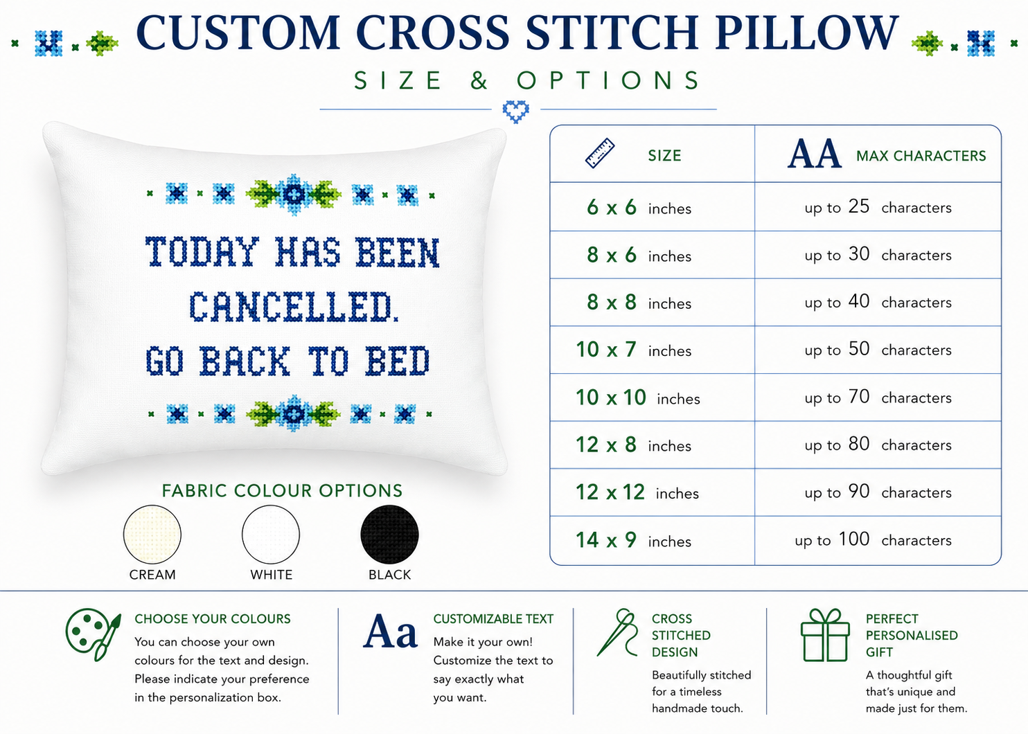 Custom cross stitch pillow with text 'Today has been cancelled, go back to bed' and size options chart.