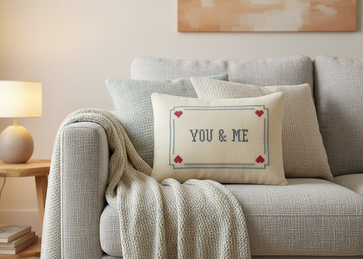 Gray sofa with a 'You & Me' pillow and a blanket in a cozy living room setting.