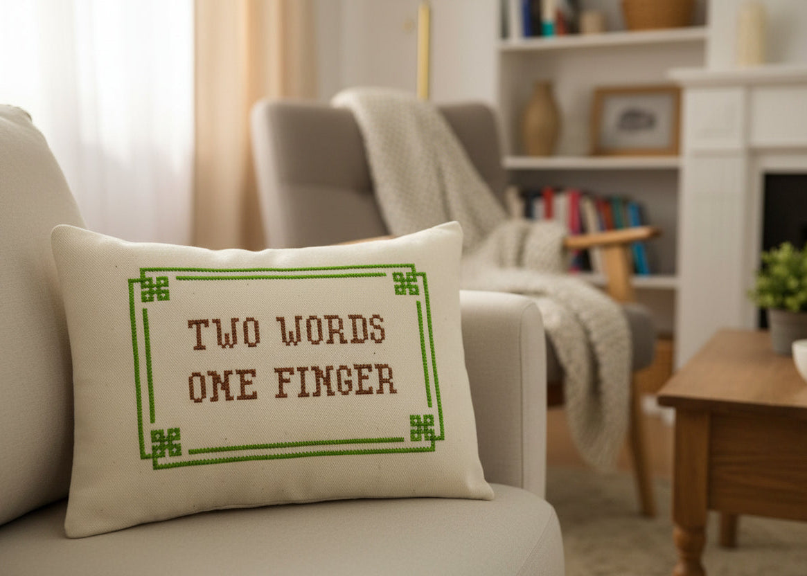 Decorative pillow with 'Two Words One Finger' text on a couch in a living room setting.